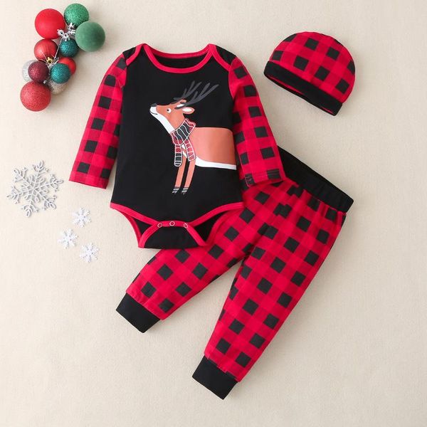 

christmas clothes baby girl clothes set 3 pieces plaid animal deer long sleeve baby bodysuit+trousers+hat boy 0-12m, White
