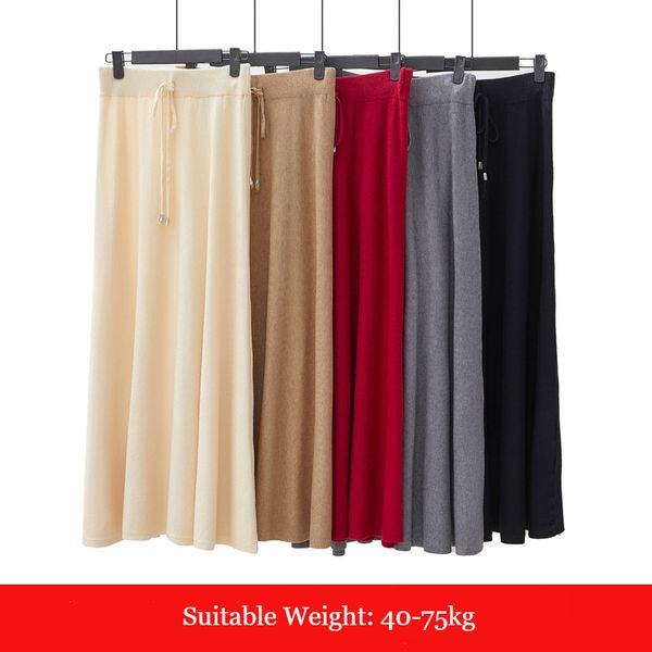 

winter long knit skirt women high waist plus size vintage loose pleated skirt girls lace-up office lady skirts womens elegant, Black