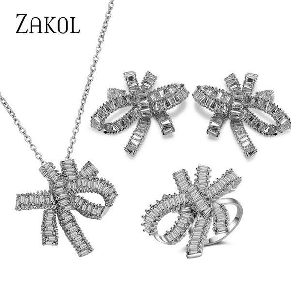 

zakol exquisite zircon twist love knot stud earring luxury white color bridal wedding jewelry for elegant women fssp3054, Silver