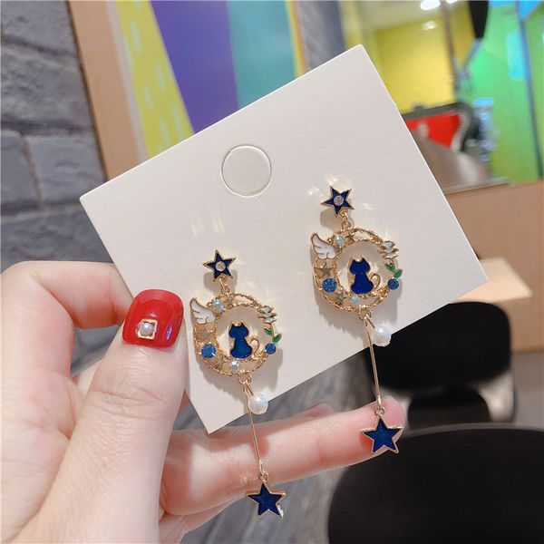 

2020 новая корея стиль простые сладкие cute silver pin blue star cat прекрасные серьги падения для женщин бижутерия аксессуары