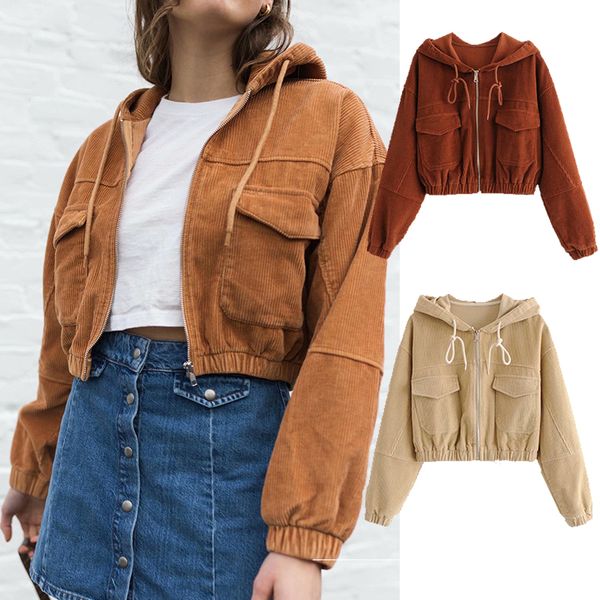 

za 2020 women new corduroy jackets winter autumn hooded coats plus size female big cute jackets solid color clothing, Black