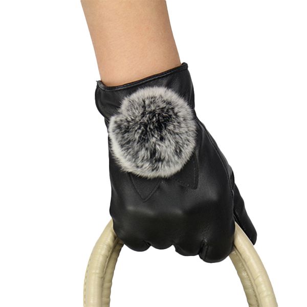 

five fingers gloves leather ladies autumn and winter fur ball cute warm plus velvet thick touch screen waterproof pu, Blue;gray