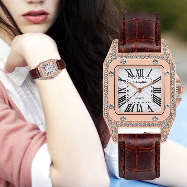 

wj-8836 rhinestone square dial luxury watch classic roman numerals women watches fashion clock dress bracelet leather kol saati, Slivery;brown