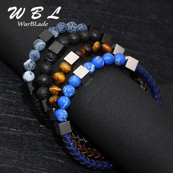 

charm bracelets 2021 jewelry men fashion personality tiger eye stone lapis lazuli volcanic bracelet stainless steel cowhide, Golden;silver