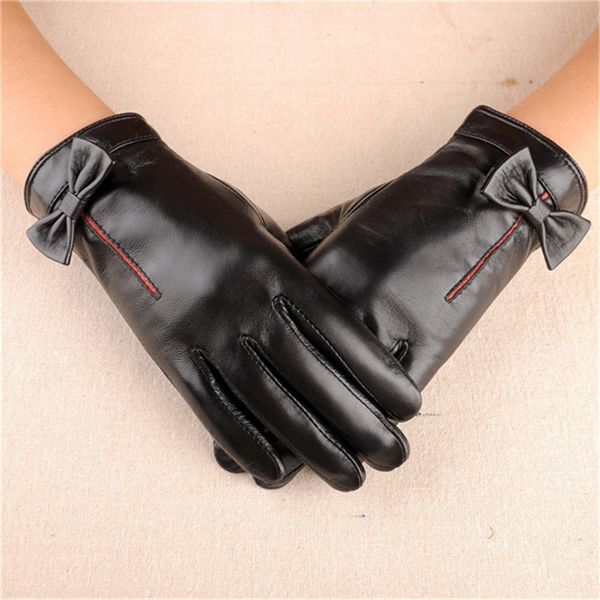 

five fingers gloves brand genuine leather women winter driving elegant bowknot black lady sheepskin glove, Blue;gray