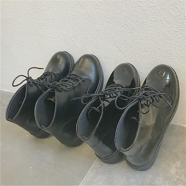 

boots women fashion solid flats lace-up thick ankle boots round toe shoes outdoor pu leather spring autumn female shoes, Black