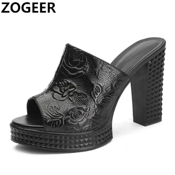 

женщины тапочки обувь sexy rose из натуральной кожи слайды лета женщин 2020 черный белый mother обувь высокий каблук открытый вьетнамки, Black