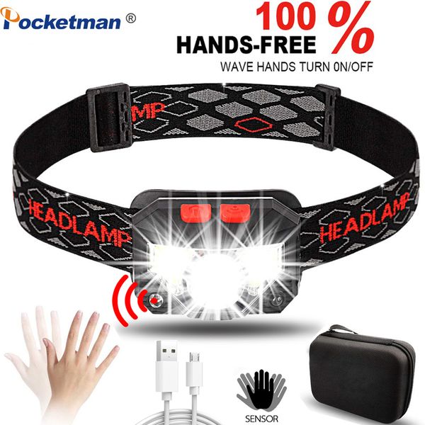 

6500lms powerful led headlamp headlight rechargeable with usb body motion sensor camping head lamp lights