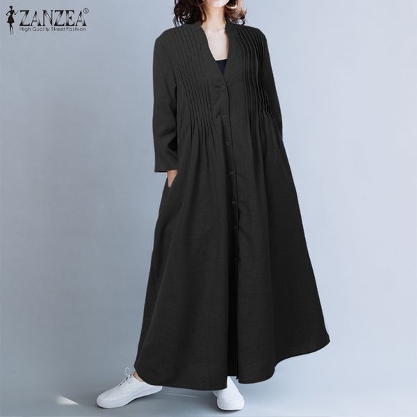 

women long maxi dress 2020 zanzea ladies casual long sleeve vestidos female pleated high waist party sundress loose pockets robe, Black;gray