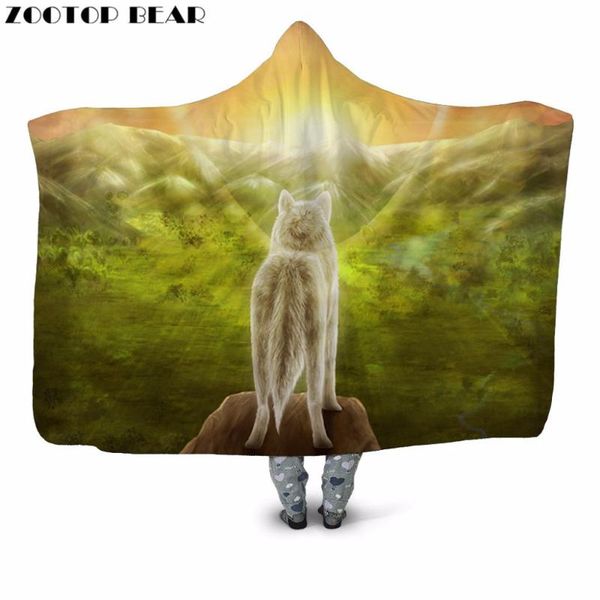 

sunshine wolf 3d printed plush hooded blanket for youth child warm wearable sofa fleece throw blanket home office washable
