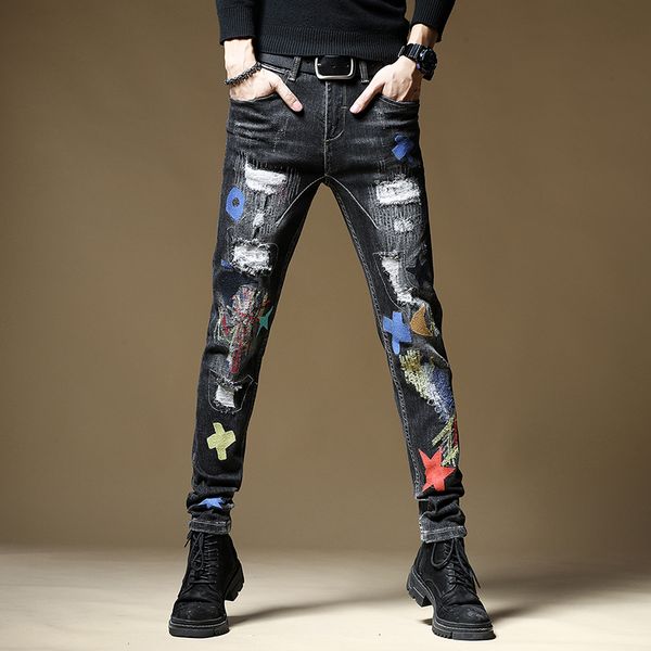 

new fashion male men's jeans american black embroidery personality hole patch elastic spring autumn denim pants, Blue