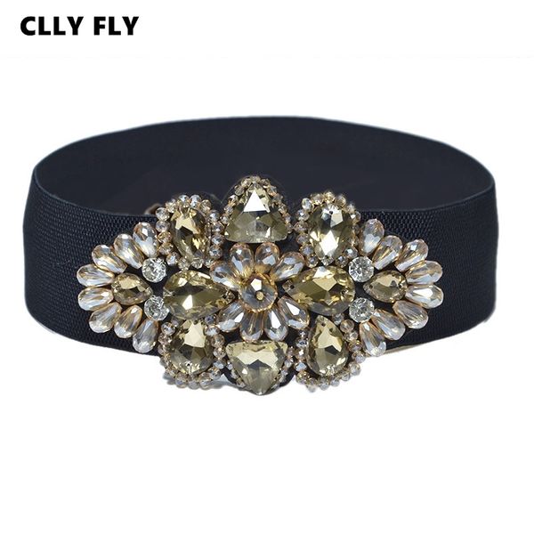 

luxury floral rhinestone belts for women brand wide belt elastic buckles stretchy waist belt ladies fashion waistband ceinture, Black;brown