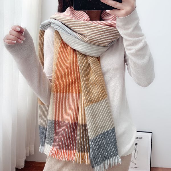 

europe america, japan and south korea scarf shawl 2020 new autumn cashmere color matching plaid scarf, Blue;gray