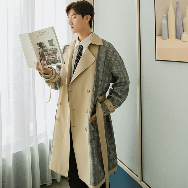 

ewq / men's wear autumn plaid split printted trech long coat male's korean style loose knee-length oversize windbreaker 9y3931, Tan;black