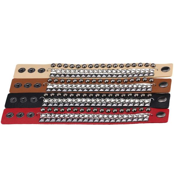 

link, chain punk multilayers rock spikes rivet chains bracelet gothic wide cuff leather bangle fashion men bracelets jewelry, Black