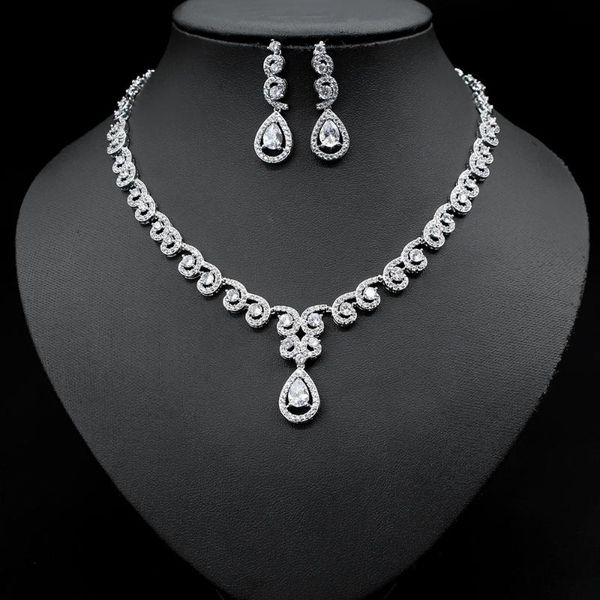 

hibride luxury cubic zirconia pave wedding jewelry set 2pcs earring necklace set for women gift ensemble bijoux femme n-883, Silver