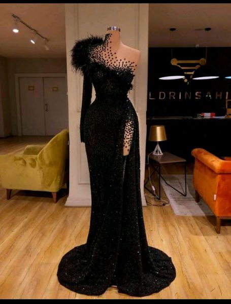

luxury prom dresses one-shoulder glitter sequins beaded feather homecoming dress sweep train custom made formal evening dress, Black