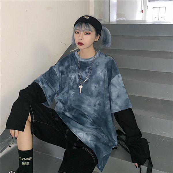 

harajuku patchwork long sleeve women sweatshirt tie dyeing fake 2 piece women sweatshirt crew neck loose lady pullovers, Black