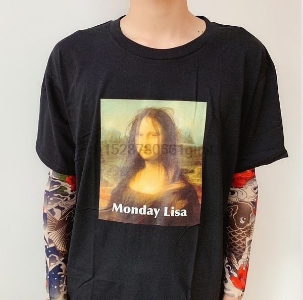 

funny spoof art mona lisa monday lisa messy hair comedy monday lisa funny t-shirt vintage fashion hipters tees