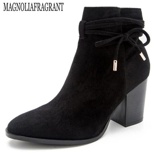 

boots women ankle autumn shoes for high heels fashion bow casual ladies botas de mujer ww33, Black