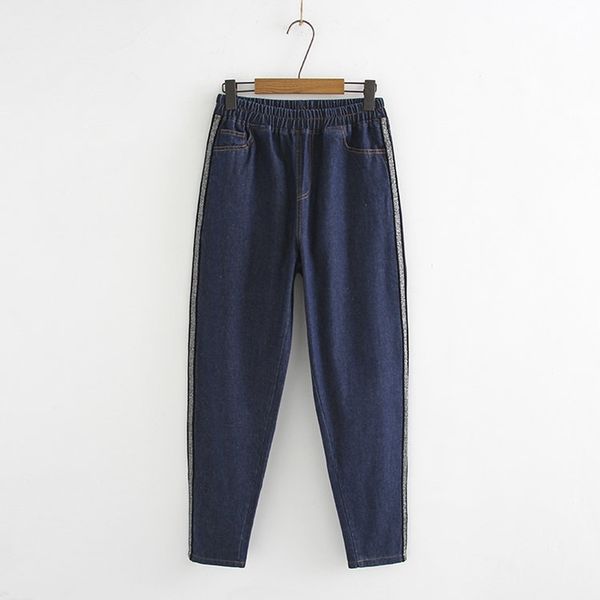 

women's jeans plus size elastic waist jean casual striped long denim trousers, Blue