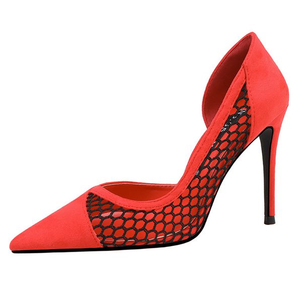 

women shallow mouth shoes pumps women pointed suede high heels mesh side empty heels 10cm shoes for lady, Black