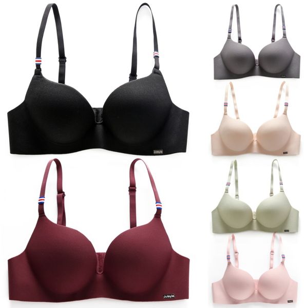

one-piece bra gathered without steel support adjustable shoulder strap four rows of buckles solid color bra, Red;black