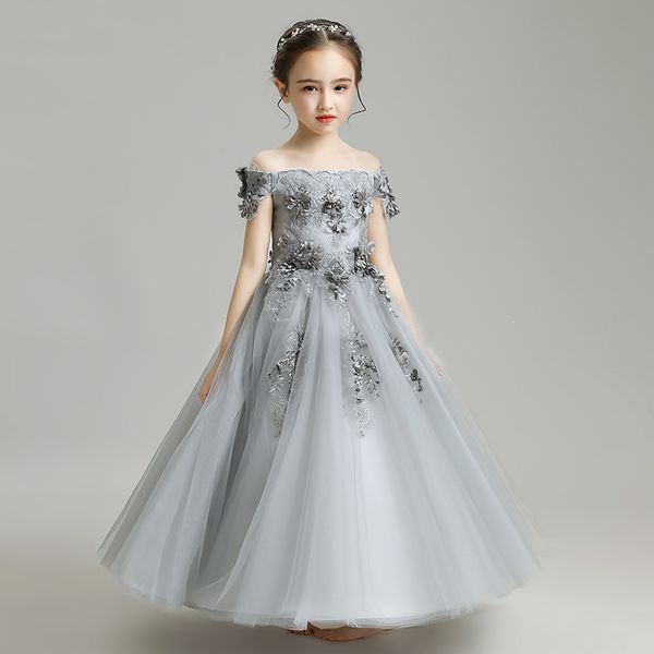

girl's dresses boat neck kids occasion mesh gown lace cute applique formal flower girls dress beads princess evening gowns vestidos de, Red;yellow