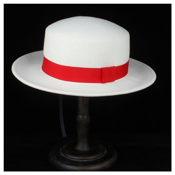 

100% wool women white flat hat with red ribbon fedora hat for elegant lady panama fascinator size 56-58cm, Blue;gray
