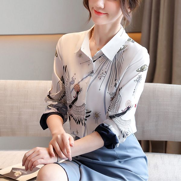 

women's blouses & shirts printed women elegant female long sleeve chiffon blouse casual clothing 2021 fashion shirt autumn, White