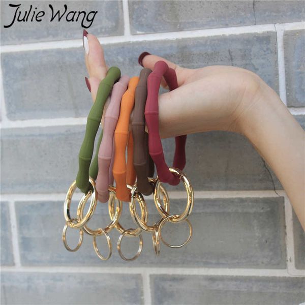 

julie wang silicone bracelet with key ring bamboo shape outdoor sports bangle fashion wristband women bracelet jewelry accessory, Black
