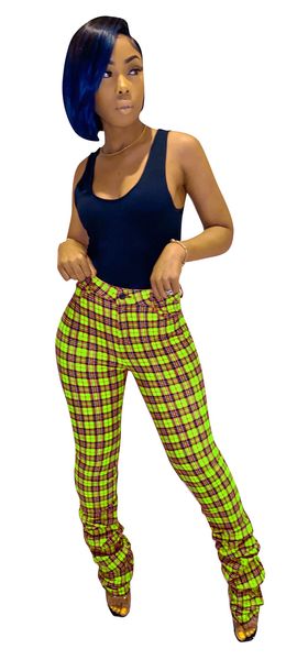 

fashion plaid printed designer stacked leggings pants mid waist pleated casual flare trousers autumn womens sportwear, Black;white