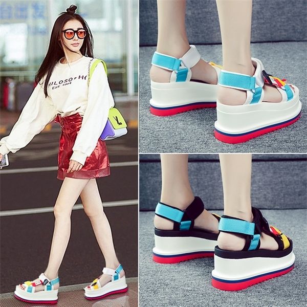 

thick-soled women's sandals 2021 summer new style thick-soled slope with increased women's casual high-heeled sandals women 0922, Black