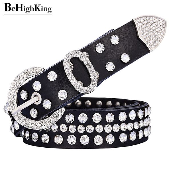 

fashion genuine leather rhinestone belts for women luxury shining silver ring pin buckle belt female jeans strap width 2.8 cm, Black;brown