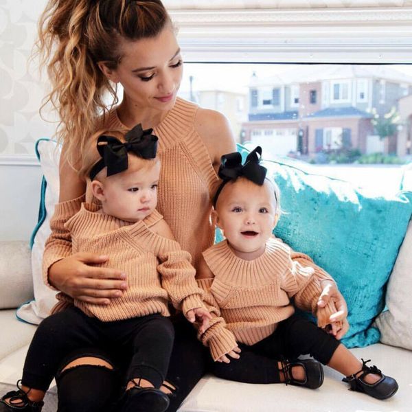 

mother daughter matching outfit women girl off shoulder blouse sweater, Blue