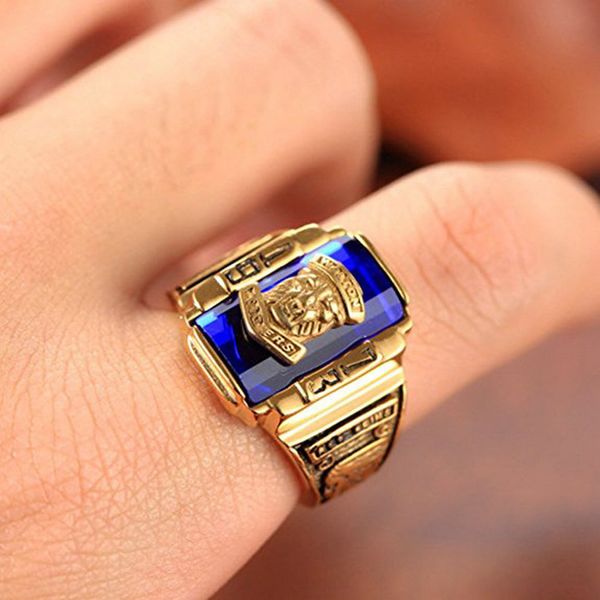 

punk biker stainless steel rhinestone engraving tigers head charm ring, Golden;silver