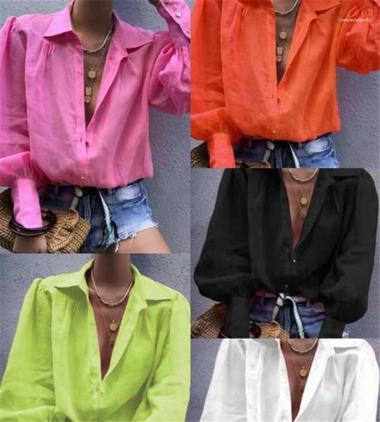 

sleeve blouses fashion fluorescent color lapel neck shirts vintage womens long sleeve relaxed women lantern, White