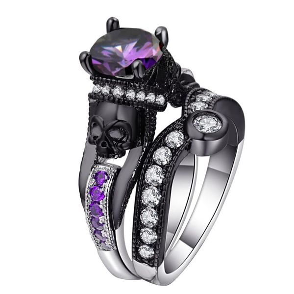 

cluster rings ufooro punk cz skull ring for women men white gold filled vintage cubic zirconia wedding bands devil skeleton sets, Golden;silver