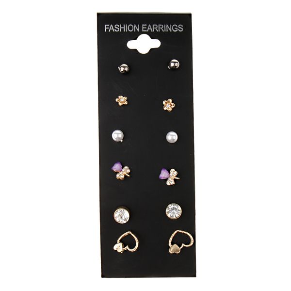 

6 pairs crystal pearl ear studs heart flower shape earrings for women girls, Golden