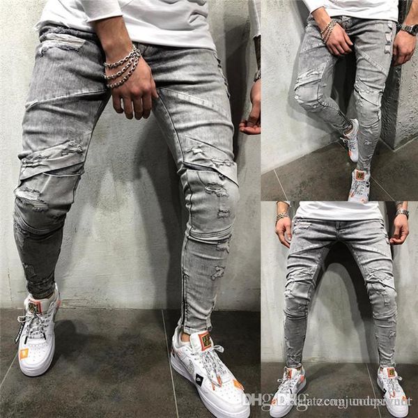 

zipper solid color summer fashion style homme clorhing pecil брюки мужские кнопка new 2020ss hole desinger джинсы, Blue