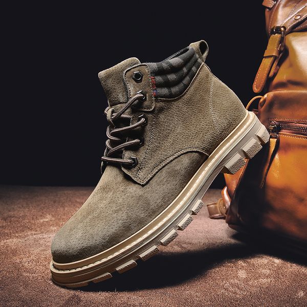 

2020 fashion autumn winter men's boots warm working boots lace up men's desert round toe high shoes, Black