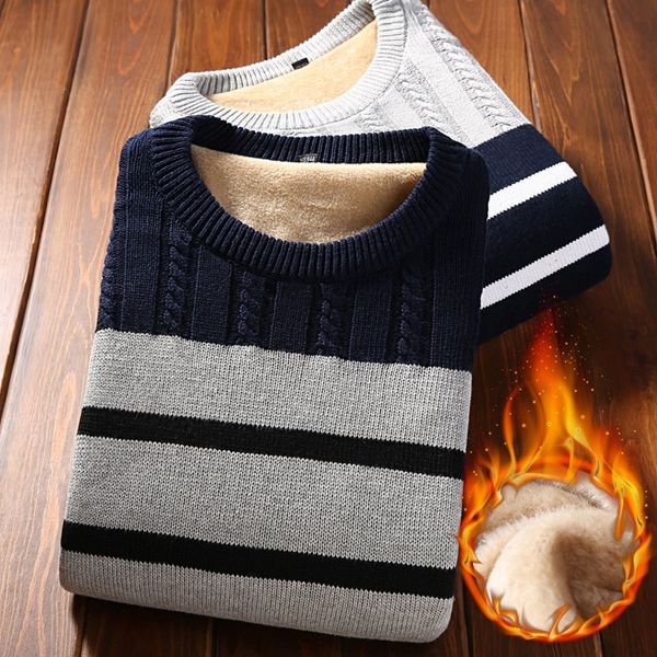 

men's sweaters winter thicken model fleece sweater korean version fashion slim-fit striped round neck warm, White;black