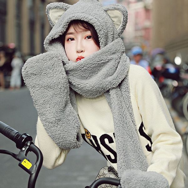 

womens 3 in 1 warm plush winter hat cute animal ears scarf gloves hoodie cap d08e, Blue;gray