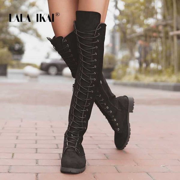 

lala ikai 2020 женщины более-колено сапоги sexy party весна осень зима женщины низкие каблуки lace up бинты женская обувь xwn1354-4, Black