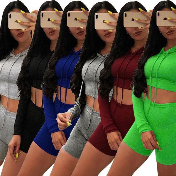 

women gym clothes 2 two piece tracksuits long sleeve hooded crop skinny biker shorts outfits set sportswear jogging plus size clothing, Gray
