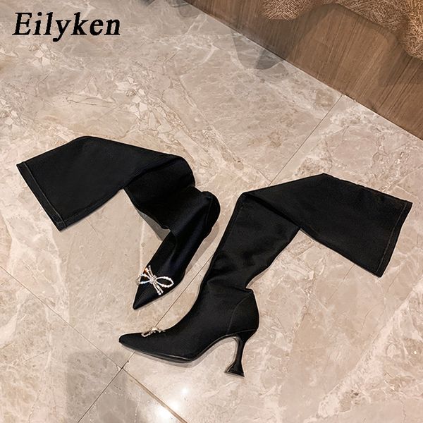 

eiyken autumn winter women thigh high boots stretch skinny sock long boots high heels crystal butterfly over the knee, Black