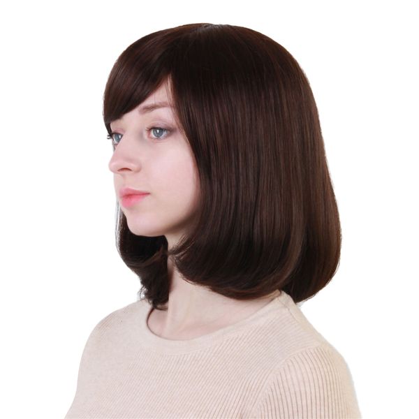 

women natural human hair wig maroon color - short straight hair wigs bob style with oblique bangs fringe - heat resistant 30cm, Black