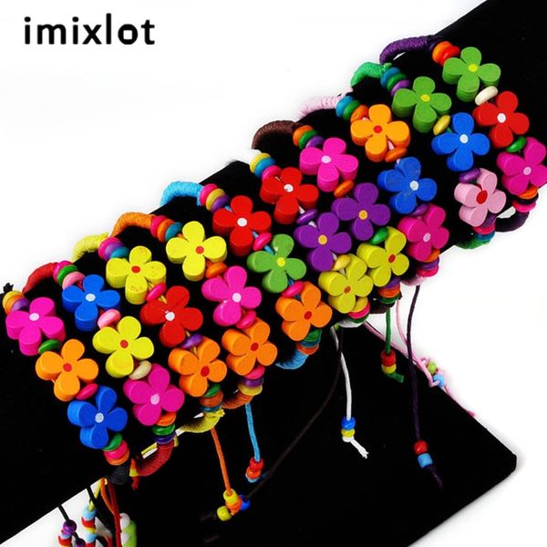 

imixlot 5pcs/10pcs lovely sweet flower hand made wooden beaded rope bracelet bangles for girls children jewelry gift, Black