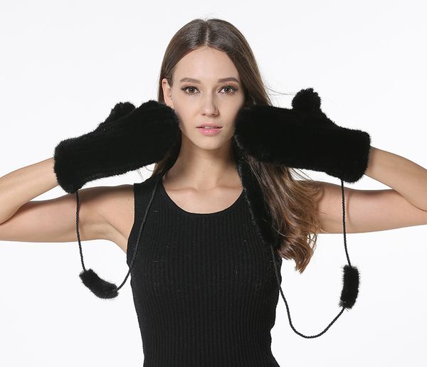 

five fingers gloves ianlan winter real for women knitted fur ladies students warm mittens with string il00041, Blue;gray