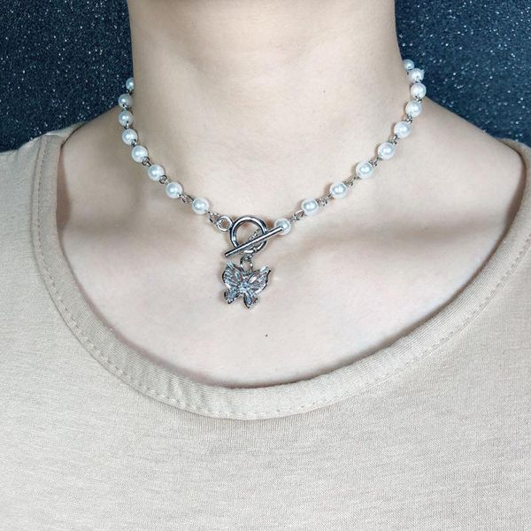 

punk gothic silver color chain imitation pearl choker rhinestone butterfly pendant necklace 2020 fashion short chocker collar